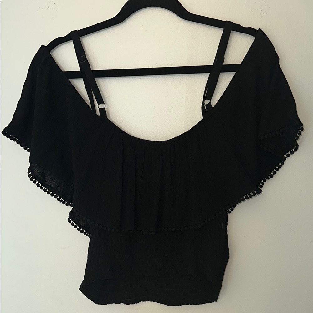 NWT Torrid Black Gauze Cropped Off Shoulder Blouse Top sz 00 M/L - Picture 4 of 4
